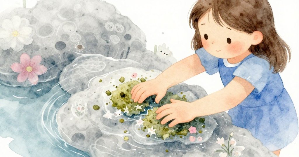 Iris輕觸濕潤花泥，花泥崩解散落苔蘚碎屑，如水般透明，呈現夢幻、柔和的瞬間。