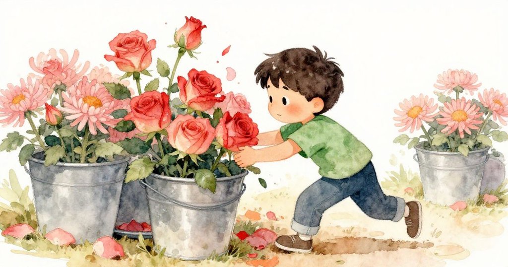 Owen努力移動桶子與托盤，尋找隱藏的猩紅桃玫瑰，臉上展現專注與迎難而上的堅定神情。