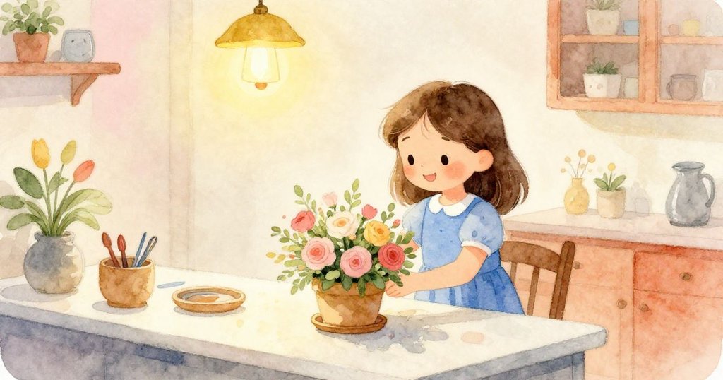 Iris完成花束蝴蝶結，面帶釋然笑容，室內溫暖燈光下，背景中有等待的快遞和寧靜收尾。