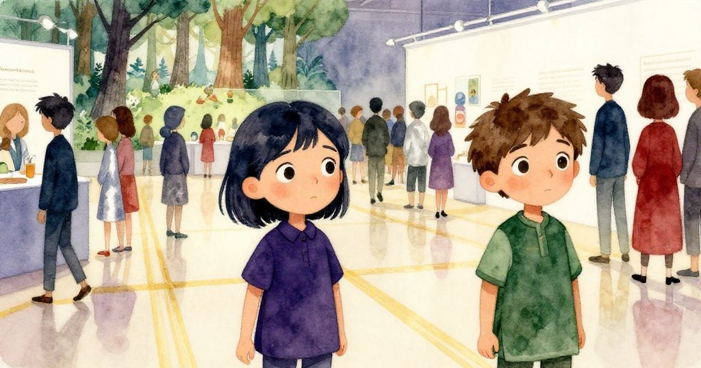 蘇琪與提奧在展覽廳中穿越人群,金光斑駁灑落光亮地板上,臉上滿是期待與好奇,展現出前往冒險的開端。