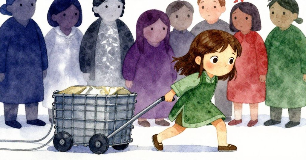 從低角度視角看見蘇琪使勁拉扯被鋼絲纏繞的倉箱,背景人影模糊,氣氛緊張又充滿活力。