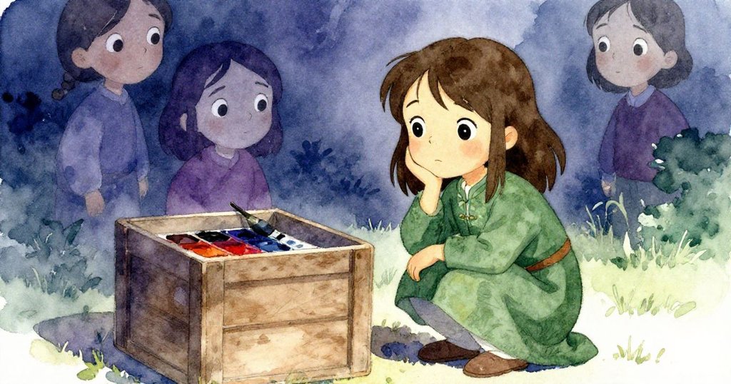 蘇琪蹲下仔細檢查倉箱上舊痕跡,柔和懷舊色調營造出過去展覽故事的氣息,神情充滿思索。