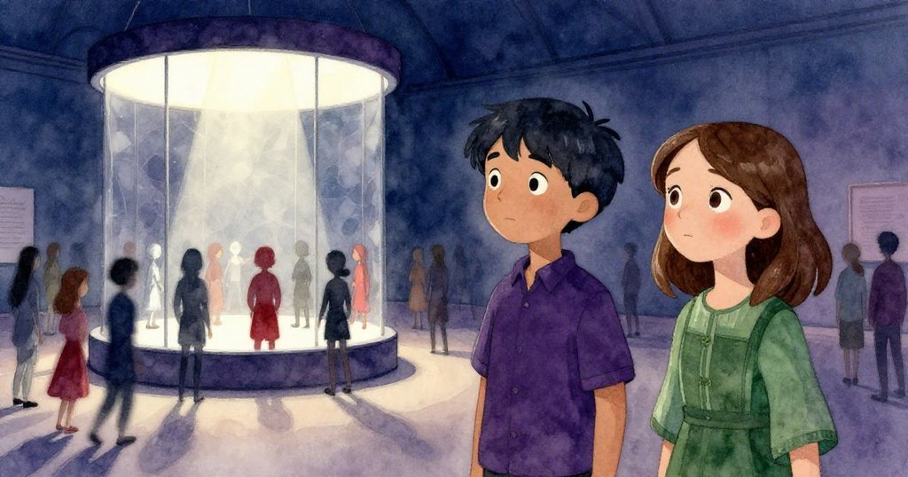 遊客流動中蘇琪與提奧相視而立,背景旋轉模型與固定光束營造神秘氛圍,暗示未來探險故事的延續。