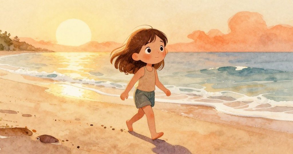 艾薇清晨踏上海邊，赤腳觸摸涼爽堅實的沙灘，臉上流露期待，溫暖金橙光線映照著波光粼粼的海灘。