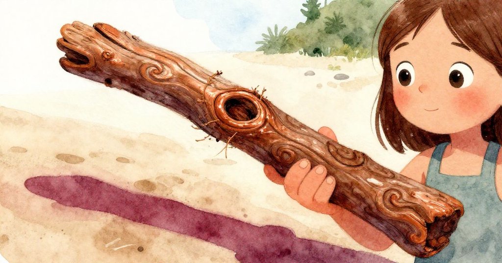 艾薇用手握著雕刻細緻的漂流木，木頭突然斷裂露出粗糙纖維，她專注檢查，背景為柔濕海灘。