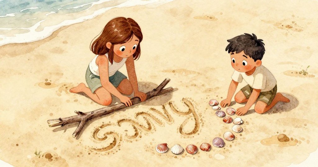 從高處俯視，艾薇用粗木枝細刻沙中螺旋句，遠處格倫小心擺放海螺成弧形圖案，沙灘廣闊且暖色洋溢。