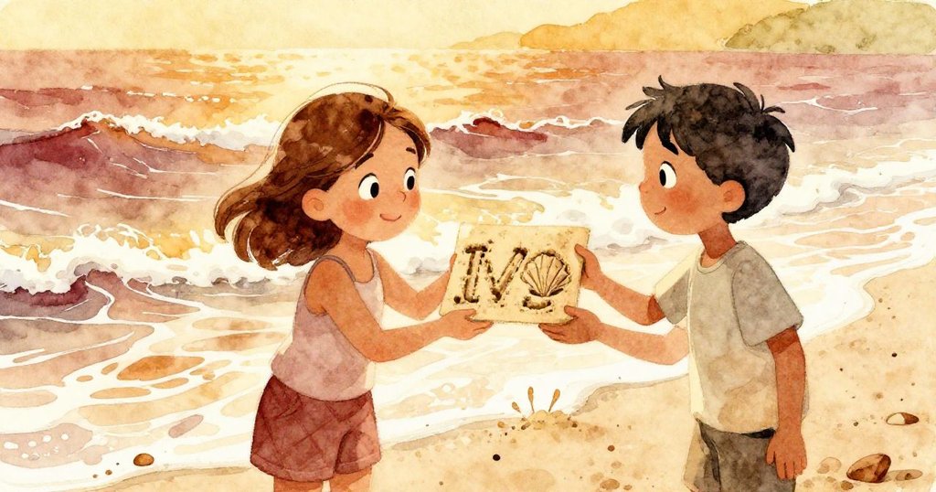 艾薇與格倫在潮線邊熱情交會，互相展示沙中刻劃的句子與海螺圖案，臉上洋溢著快樂與自豪。