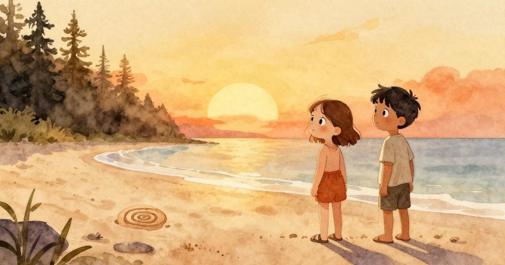 夕陽餘暉下，艾薇與格倫並肩站於靜謐海灘，彼此欣賞留在沙中的創作，感受自然律動與完成的滿足。