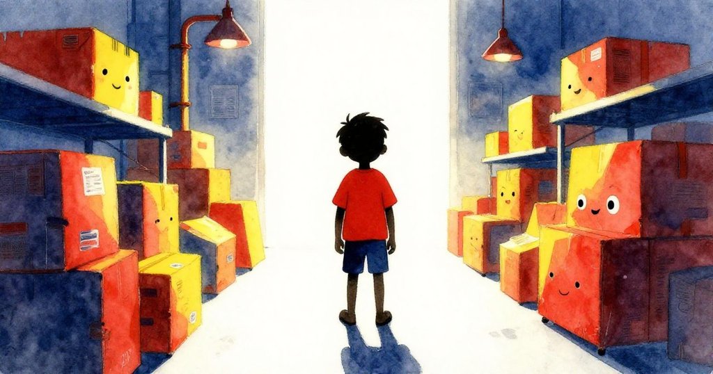 Finn站在明亮包裝站中輪廓分明,注意空托盤,背景燈光強,氣氛從開頭的疑惑到逐步展開情節