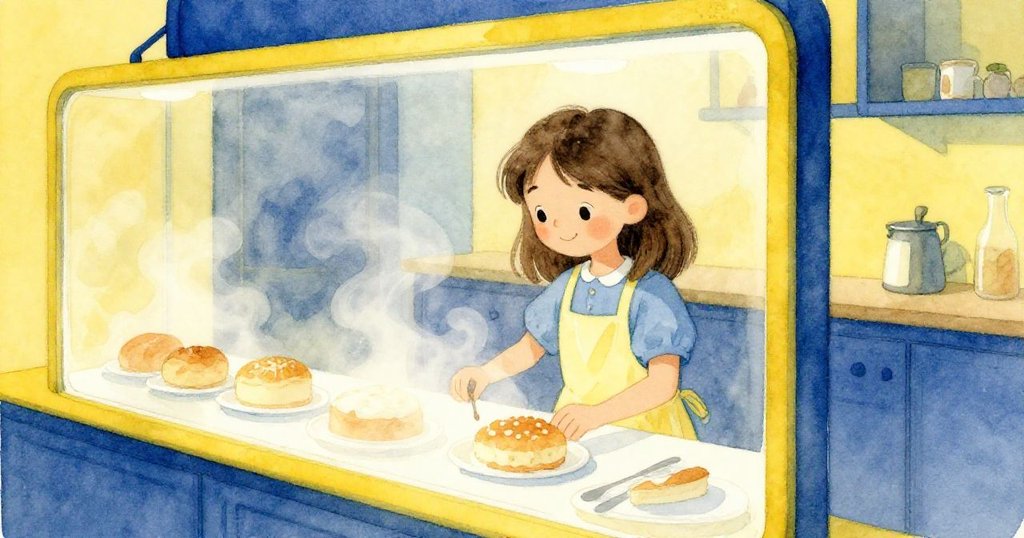 Fern在玻璃後專心摺盒,蒸氣在冷卻架上輕舞,透出柔和反射,從疑惑到故事轉向發展中的深入情節