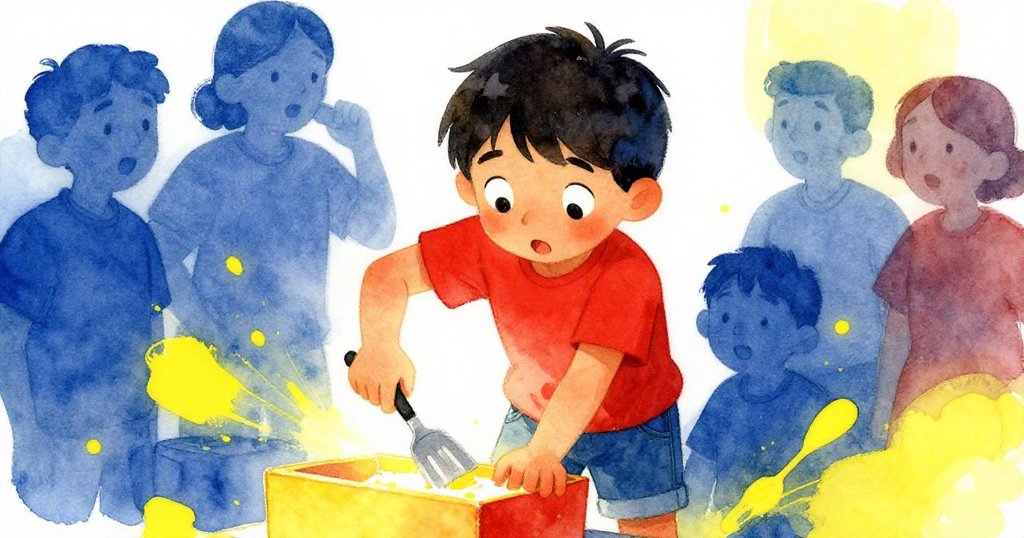 Finn小心停下以防破壞紙箱邊緣,背景顧客反應動作,從緊張到轉折情節,場景充滿互動與動感