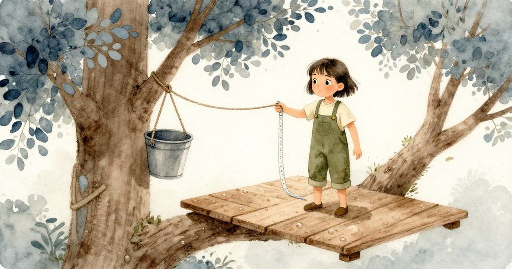 在微風吹拂的早晨，Sage跪在覆蓋露水的高樹枝上，手持捲尺，樹幹旁繩桶輕敲樹皮，她神情專注，背景葉片隨風搖曳。