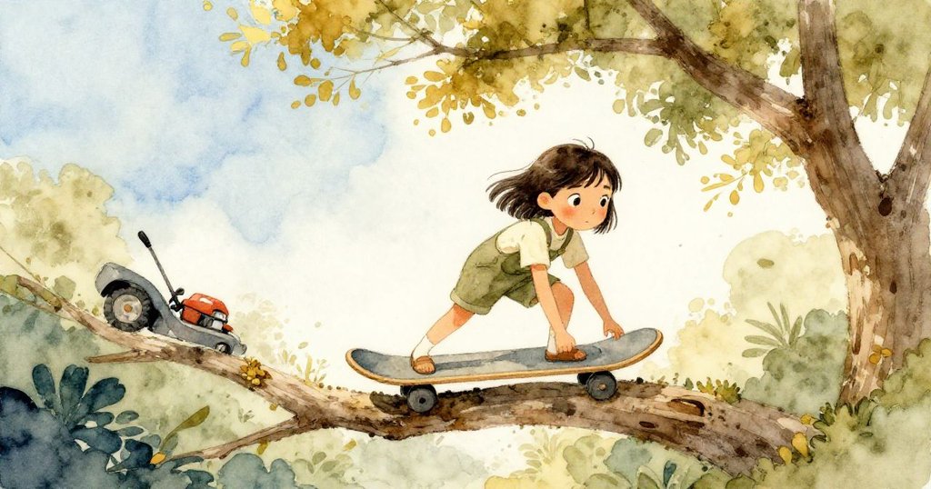 Sage正努力推動光滑木板越過樹枝間隙，前景樹枝清晰，遠處隱約可見鄰家修剪機，層次豐厚，表情專注。