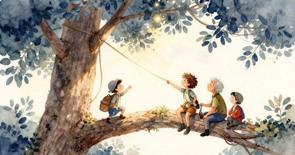 在溫暖金色懷舊光影中，Sage回憶著繩桶輕敲樹幹的情景，樹皮上樹液閃爍如寶石，畫面充滿柔和懷舊氣息。