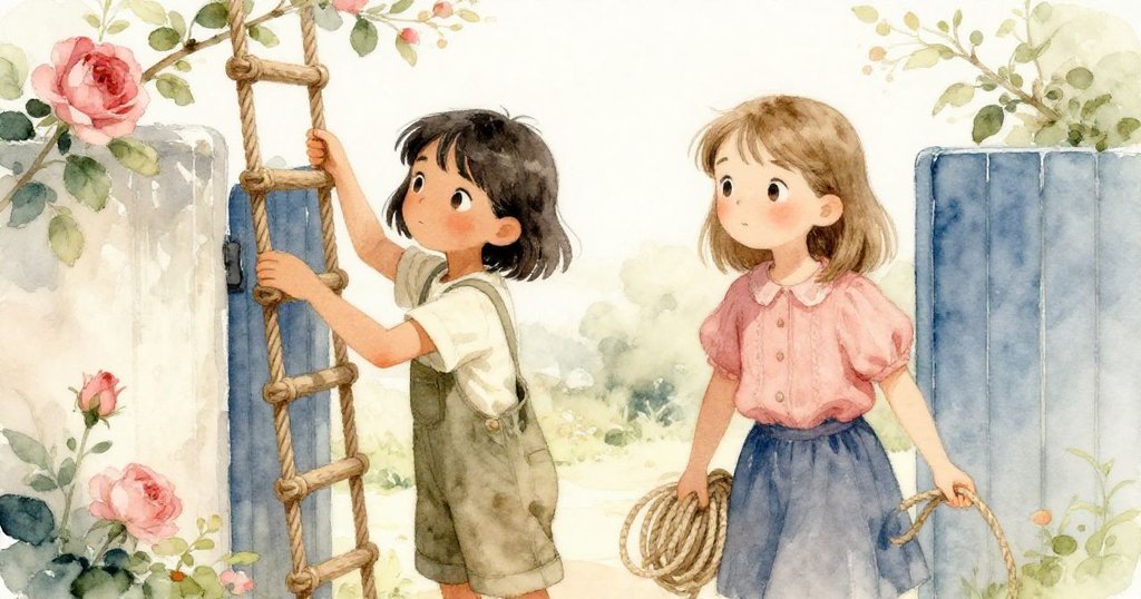 Sage從繩梯上下來，Nina肩扛備用繩，她們協力解鎖側門並固定木板，彼此互動默契，背景庭院明亮生機。