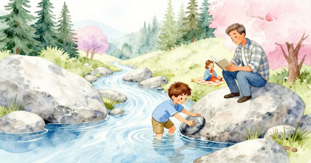 盧克在溪邊用力按壓濕潤頁岩，背景中爸爸坐在毛毯上看雜誌，環境自然美麗，充滿探索期待。