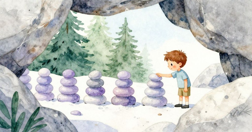 透過石縫偷看，盧克正專心堆放平滑卵石，環境安靜神秘，自然光線柔和映出探索與實驗的情懷。