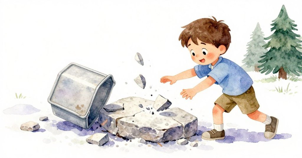 盧克輕觸頁岩板，碎石飛散至掌心，水流與塑膠容器協助穩定石板，動作中透露出堅定與成功的情感。