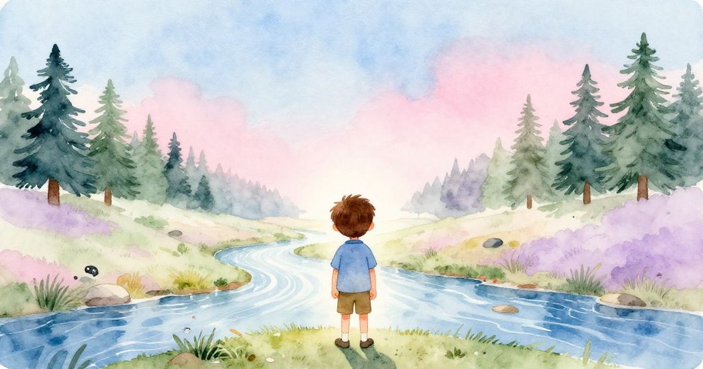 盧克站在溪邊望向遠方開闊的地平線，臉上流露滿足與期待，故事落幕帶來新冒險的希望。