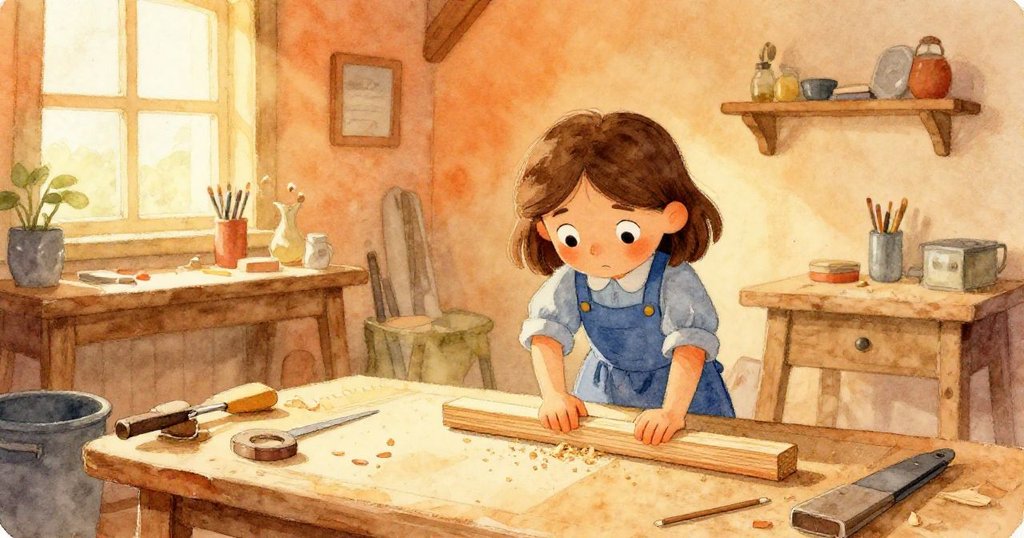 Mabel在溫暖工作室中忙碌，手持雪松條擺放在膠墊上，旁邊散落鋸末，神情專注，展現故事開頭情境。