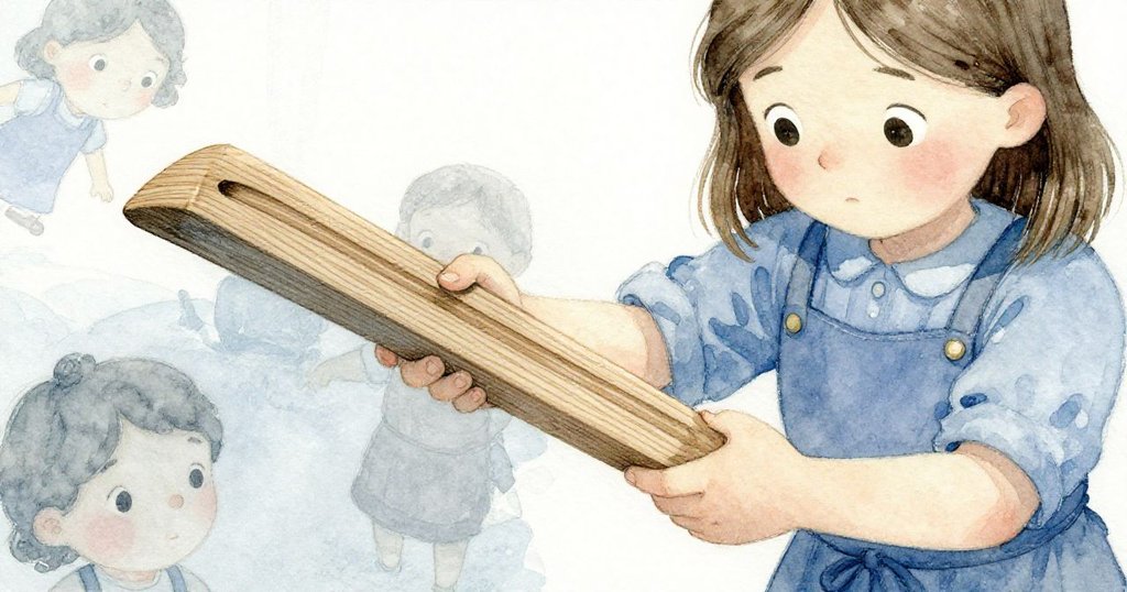 Mabel仔細檢視雪松條上的細溝，手持木條展現歷史感，背景柔和光線映襯出她專注神情，寓意故事發展。