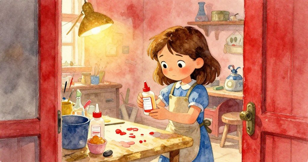 Mabel從半遮掩的門角觀察工坊內景，專注地用力擠壓膠水瓶，眼中流露出堅持與小小憂慮，情節逐步推進。