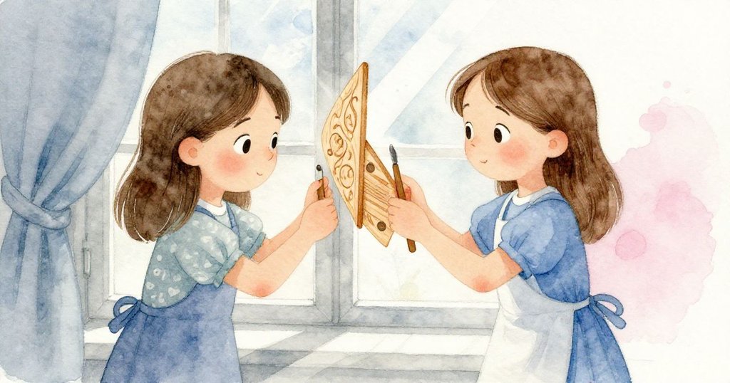 Mabel在窗邊小心旋轉雪松條，透過斜角光線顯露精美紋理，臉上寫滿驚奇與專注，呈現工藝之美。