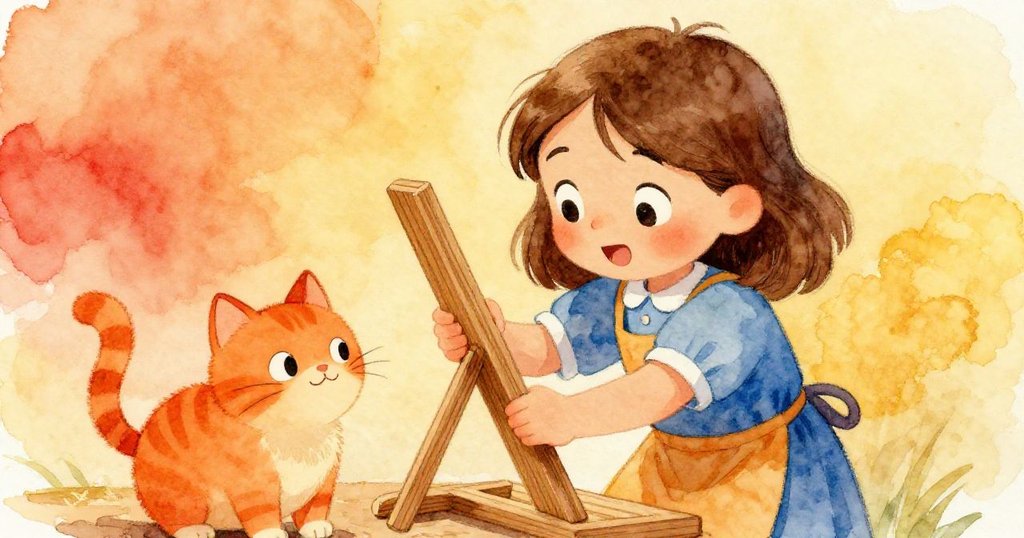 Mabel成功將雪松條嵌入框架中，臉上閃現欣喜神情，小橘貓在旁好奇觀望，工坊洋溢著慶祝氣氛。