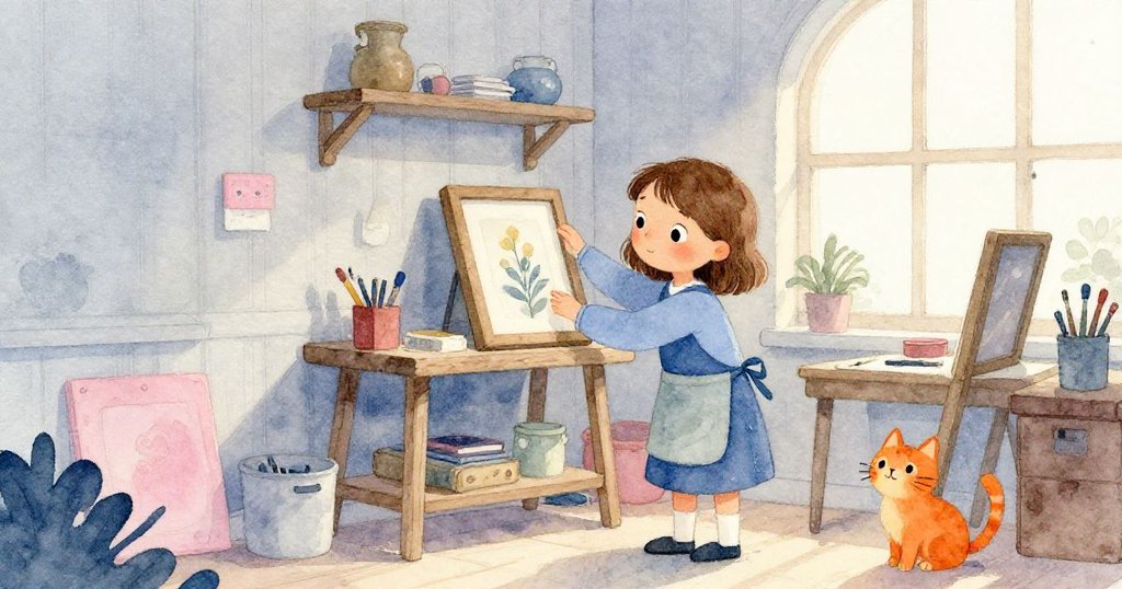 Mabel平靜地將完成的框架放置於曬架上，工作室寧靜收尾，小橘貓在旁陪伴，整體氛圍滿載完成與和諧之感。