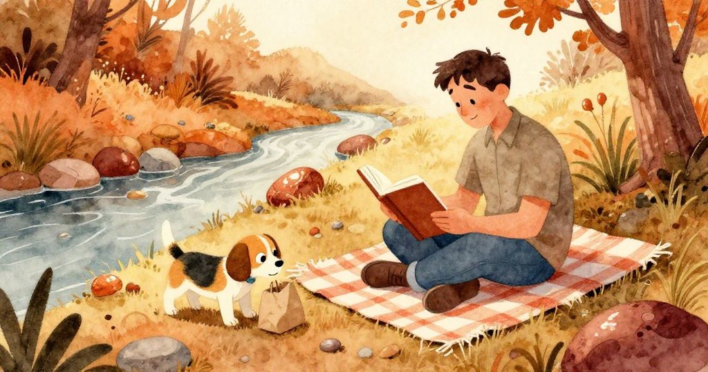 莉莉的爸爸在溪邊毯子上閱讀，魯弗斯好奇地靠近紙袋，背景為溫暖午後光線和自然景致。