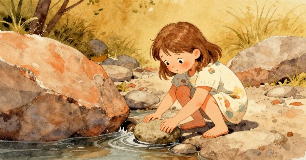 莉莉蹲在岩石縫隙旁，小手推動扁平石板，臉上流露出專注與好奇，溪邊濕潤泥土和微光背景。