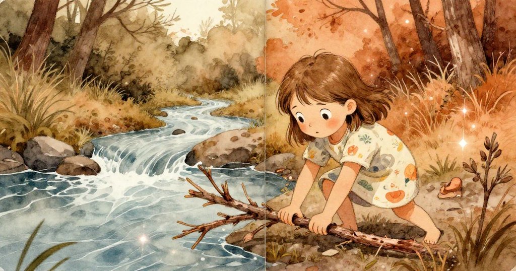 莉莉跪在溪邊堅定地插入柳枝，水流猛烈撞擊石塊，現實和夢幻交織出奇妙光影。