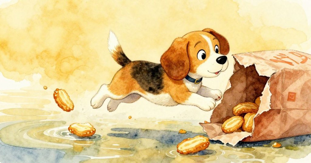 魯弗斯在溪邊活力四射地跳躍，紙袋撕裂露出金色餅屑，水面閃爍金光，充滿快樂動感。