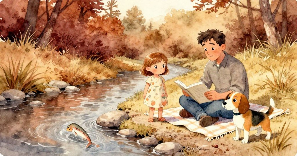 莉莉驚奇凝視著銀鰱在石上滑過，爸爸走近彌合温馨情感，魯弗斯靜坐溪邊，團聚時刻充滿柔和光影。