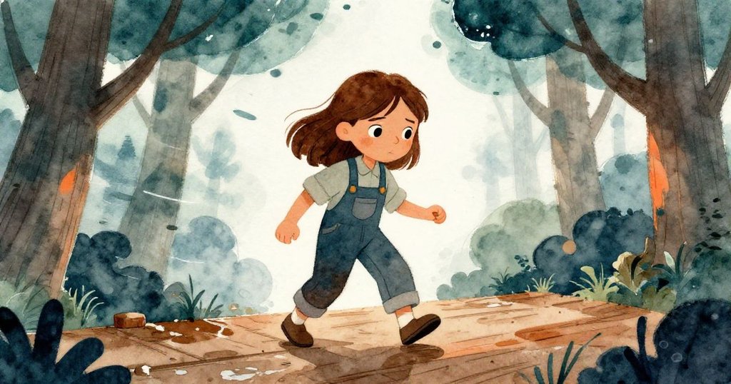 凱拉艱難拉起木板，登上潮濕木台，青草隱現，風勢搖拽樹枝，神情堅定。