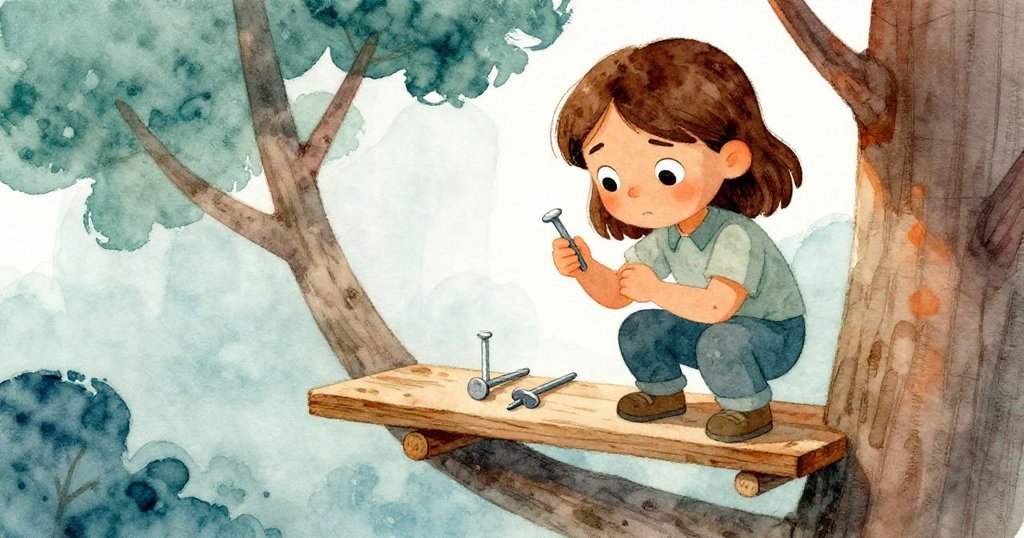 凱拉在木台上平衡木板，仔細檢查彎曲釘子與旁邊工具，樹木苔蘚點綴環境，細節分明。