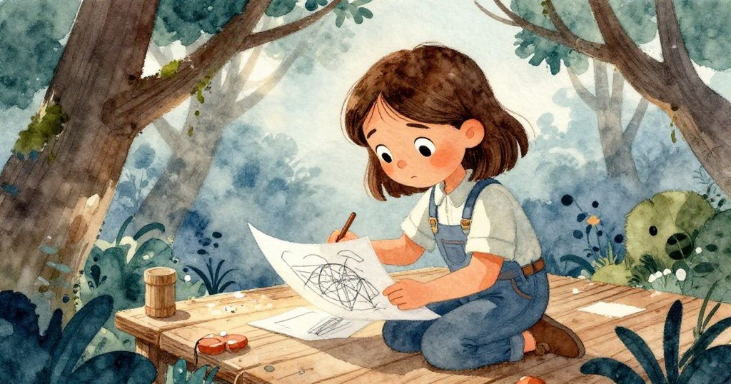 凱拉在木台上回首凝視摺痕學稿，神情專注，樹枝與苔蘚陪襯環境，暗示未來計劃。