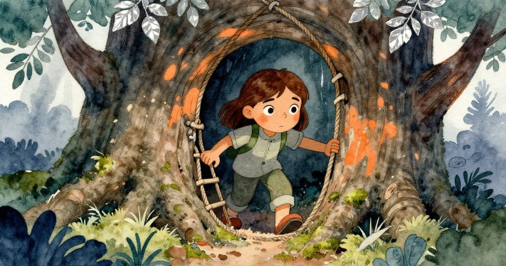 凱拉輕步進入隱秘繩梯通道，與閃銀樹葉擦肩而過，環境隱藏苔蘚裂縫，流露謹慎與冒險。