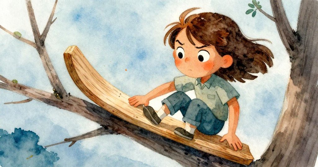 強風突然襲來，凱拉奮力捕捉滑落木板，膝部遭撞顯痛苦與堅定，動作中透露不屈精神。