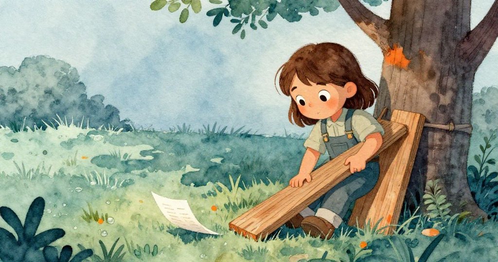 凱拉完成工作後放鬆身心，側靠樹幹觀察紙張隨露水草坪緩飄，滿足與平靜洋溢自然景致。