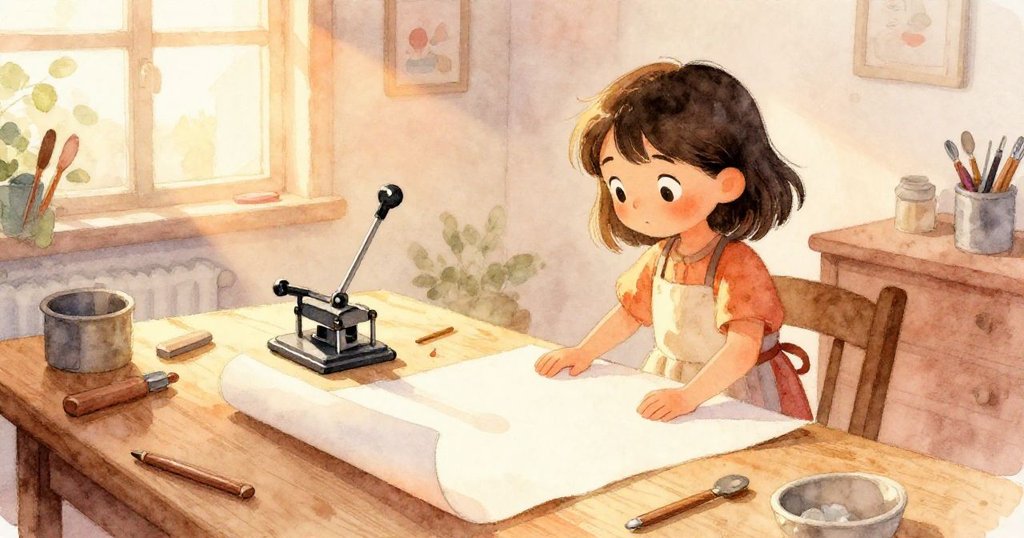 Sara走進溫暖工藝角,桌上彎曲的紙張和靜置印刷機映出創作期待,場景充滿柔和光線。