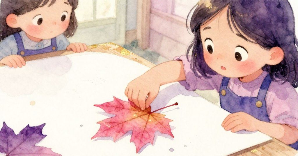 Sara專注地用雙手將楓葉放在粗糙工藝紙上,淡墨跡顯示出創作過程中的細膩情感。