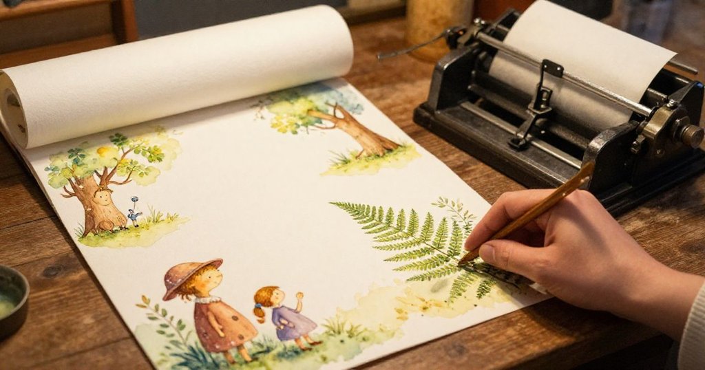 Sara凝視著紙面上反射出的槓桿和自己專注的臉龐,墨跡微露,展現出挑戰與創作決心。