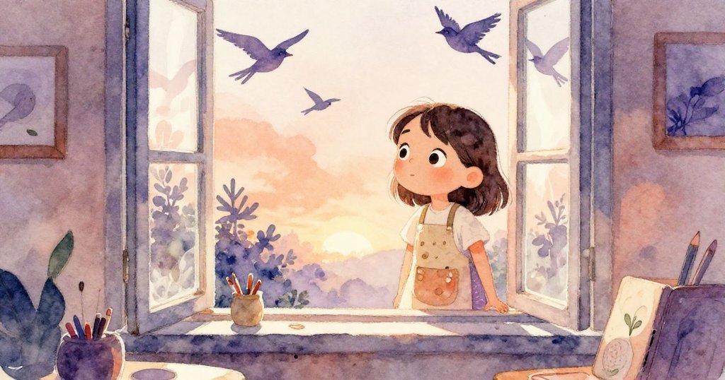 Sara走到開著窗戶處,室內溫暖燈光與外面自然光交融,鳥鳴聲中流露出靈感與寧靜。