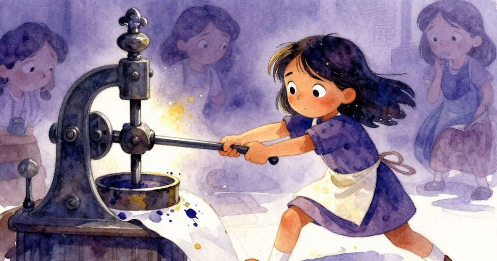 Sara急切拉扯印刷機槓桿,紙張晃動墨跡飛揚,動作中透露出堅定與緊迫的創作情緒。