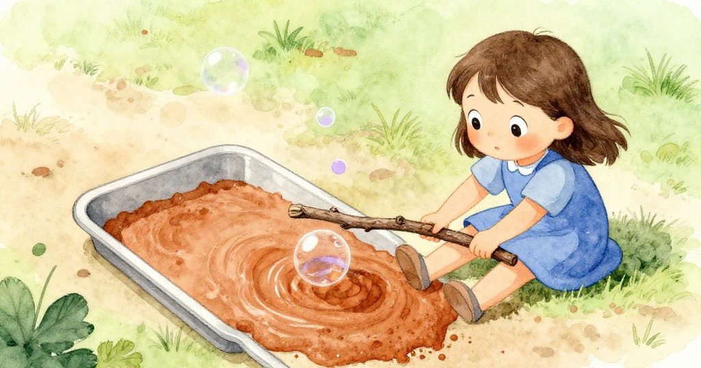 從高角度觀看，Hazel用細小的樹枝撥動塑膠盤下的泥巴，泡泡移動間凹痕變深，展現細膩動作與戶外氛圍。
