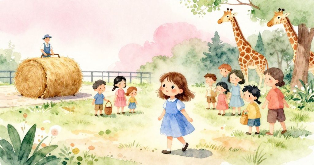 Hazel身後家庭聚集，溫暖陽光下飼養員推著草捆，遠處長頸鹿映入眼簾，場面活潑有序。