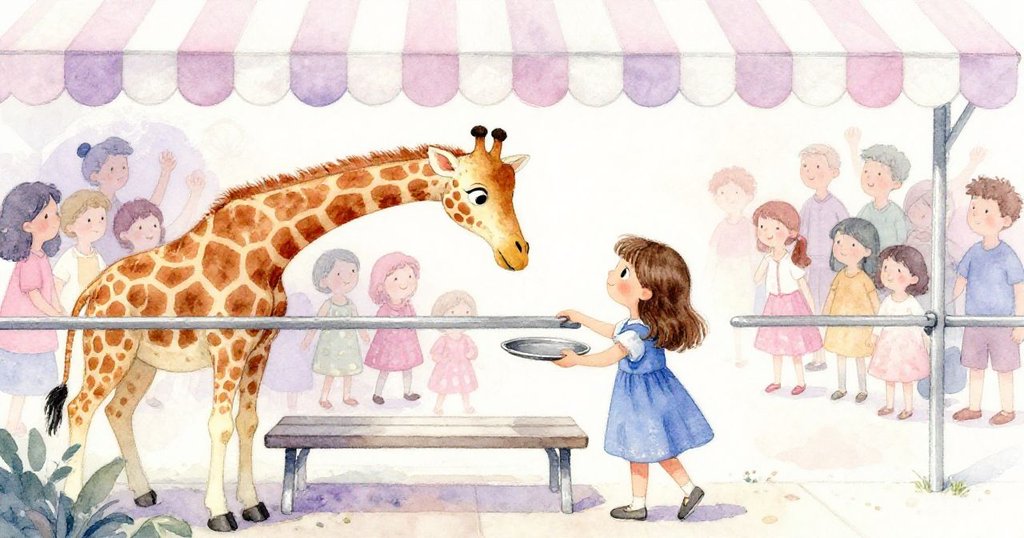 Hazel小心地將塑膠盤放到條紋涼棚下的長椅上，一隻小長頸鹿輕觸欄杆，背景人群動態互動，場景溫馨。