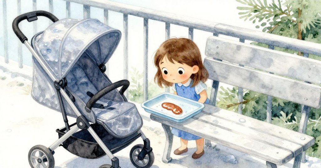 Hazel藏在嬰兒車後凝視擱在長椅上的塑膠盤，泥印像濕銅般閃亮，背景人群與戶外景致暗示新篇章展開。