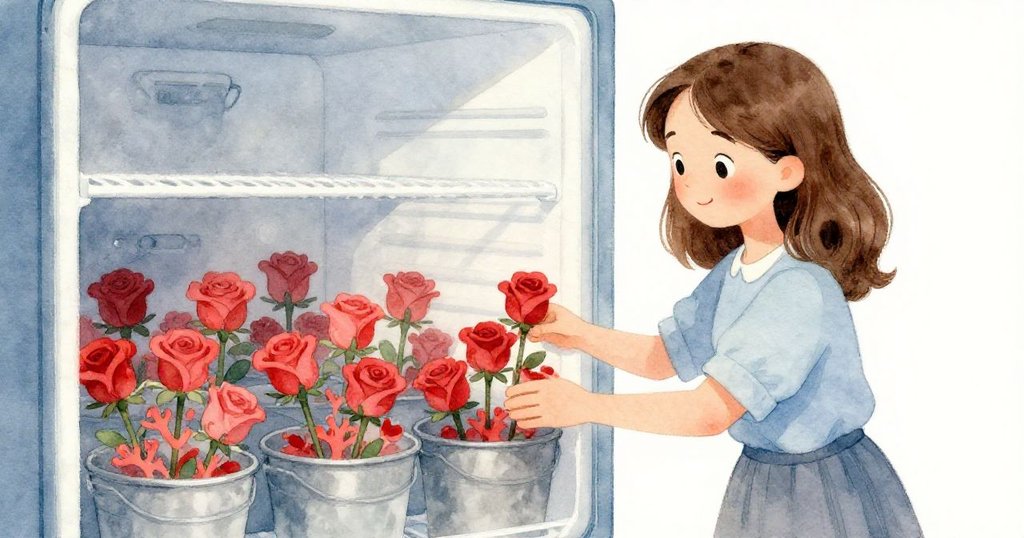 Maeve站在冷藏室內,仔細點算裝有珊瑚玫瑰莖的桶子,空曠背景突顯花束缺口,她神情專注。